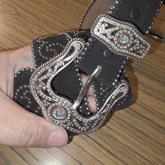 TONY LAMA Sz 34 NWOT Rhinestone Heart Buckle Silver Studs Leather Western Belt main image 12